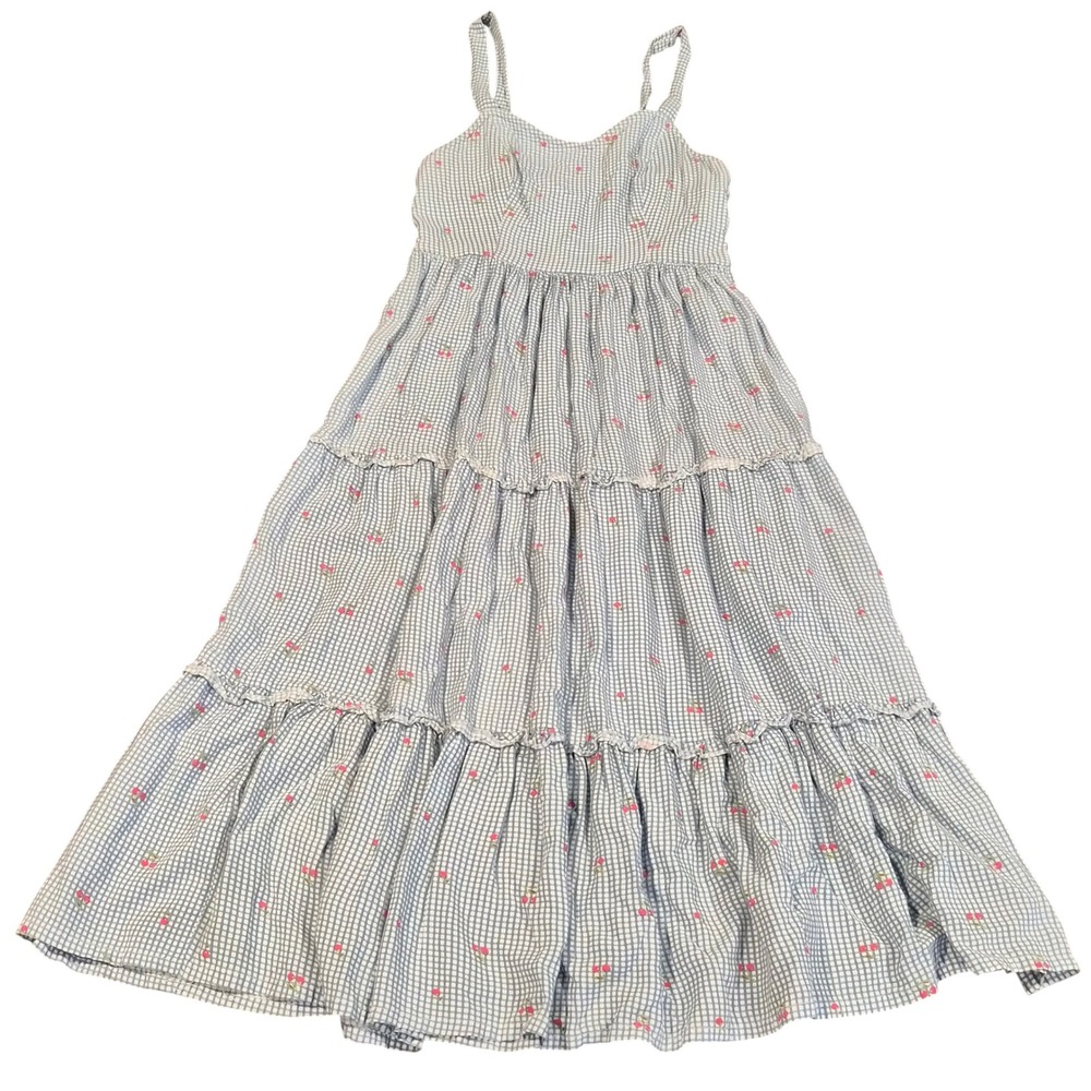 Japna Blue Gingham Cherry Embroidered Tiered Maxi Dress Small Smocked Back